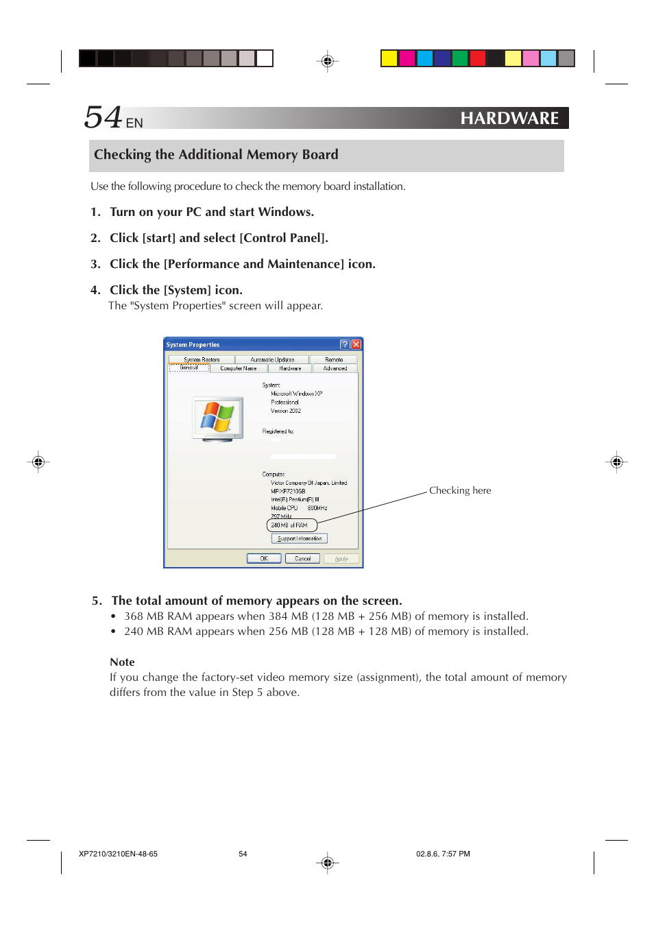 Checking the additional memory board, Hardware | JVC MP-XP7210GB User Manual | Page 54 / 90