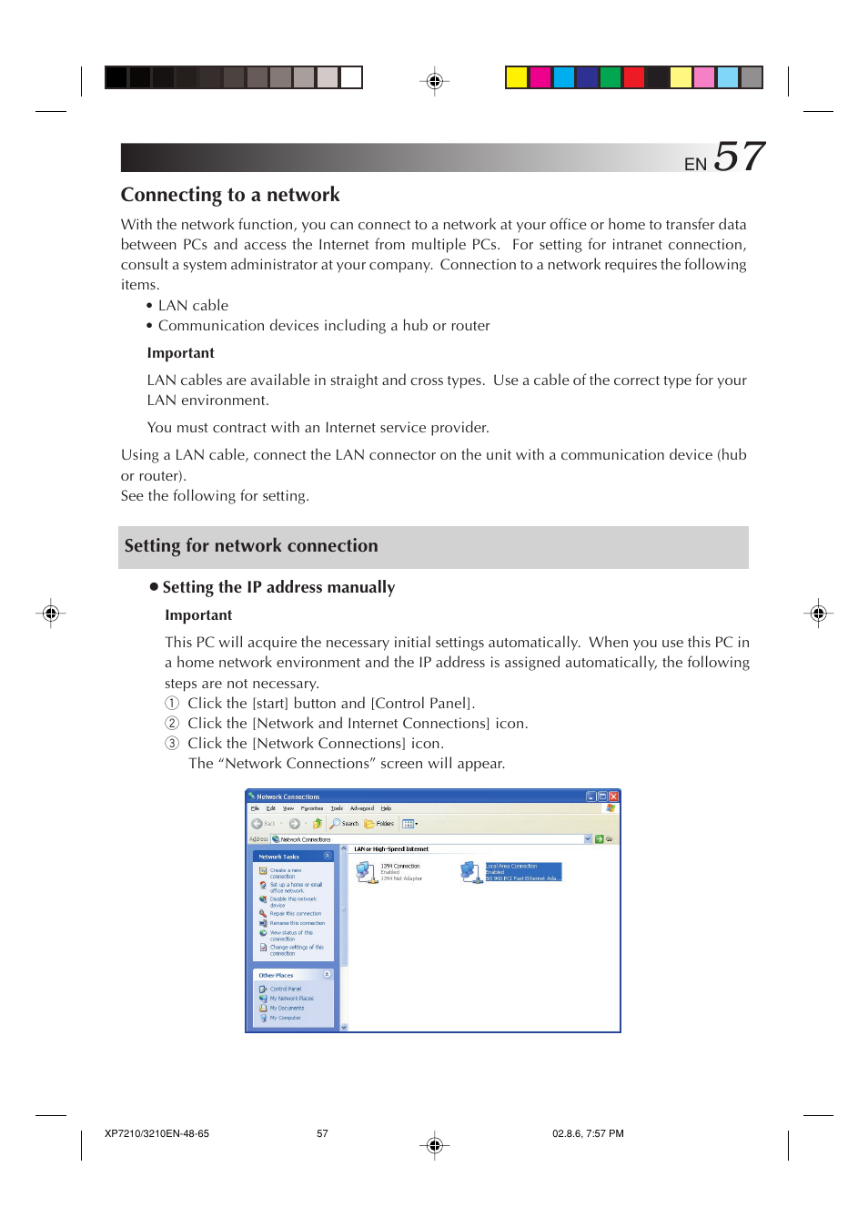 Setting for network connection, Connecting to a network | JVC MP-XP7210GB User Manual | Page 57 / 90