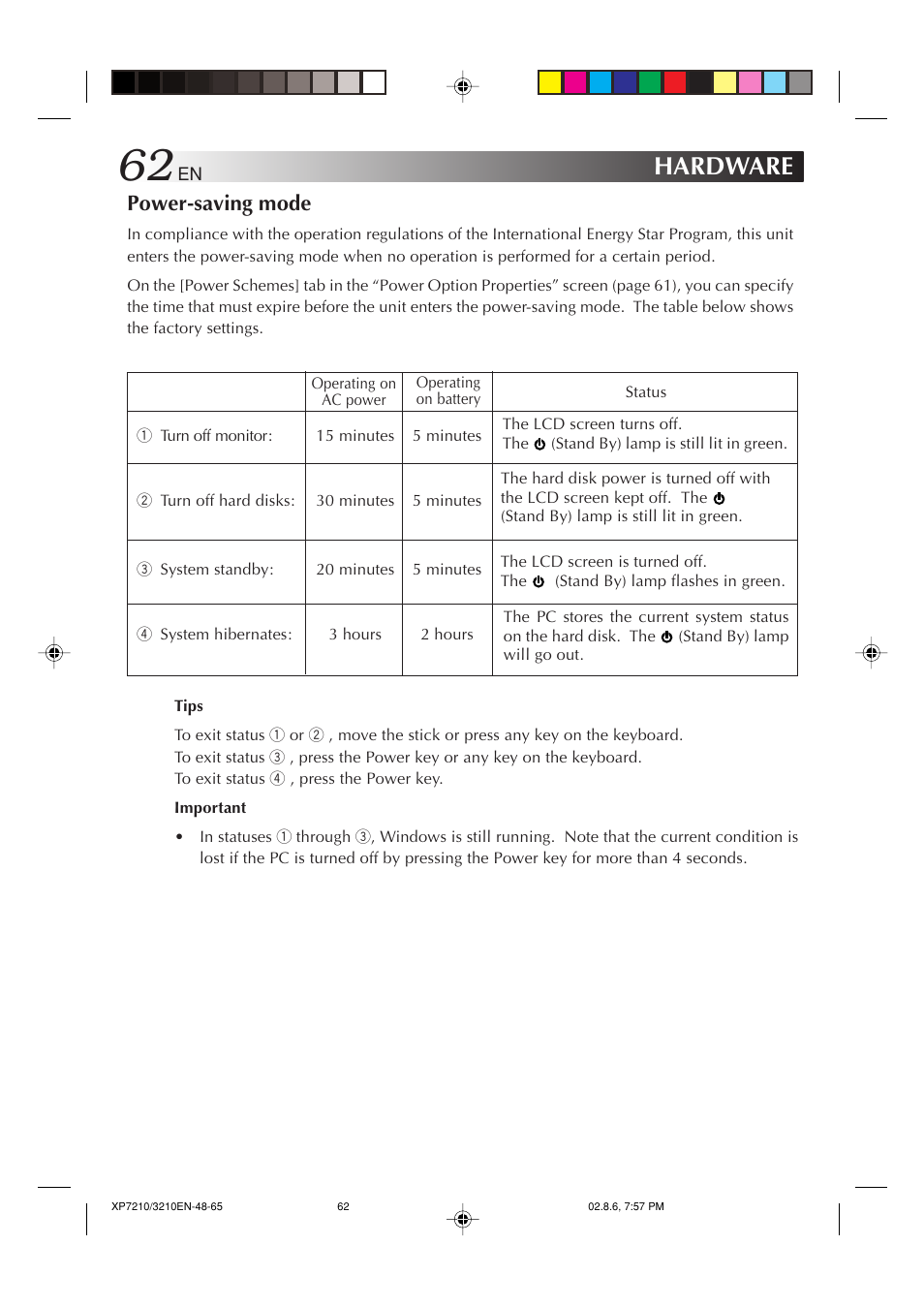 Hardware, Power-saving mode | JVC MP-XP7210GB User Manual | Page 62 / 90