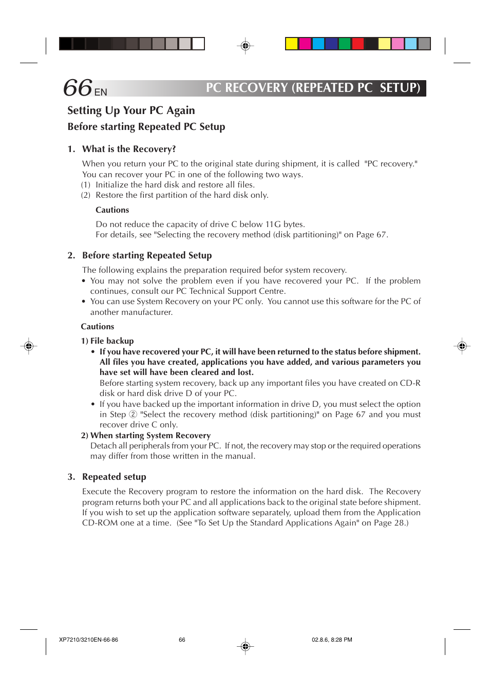 Setting up your pc again, Pc recovery (repeated pc setup) | JVC MP-XP7210GB User Manual | Page 66 / 90