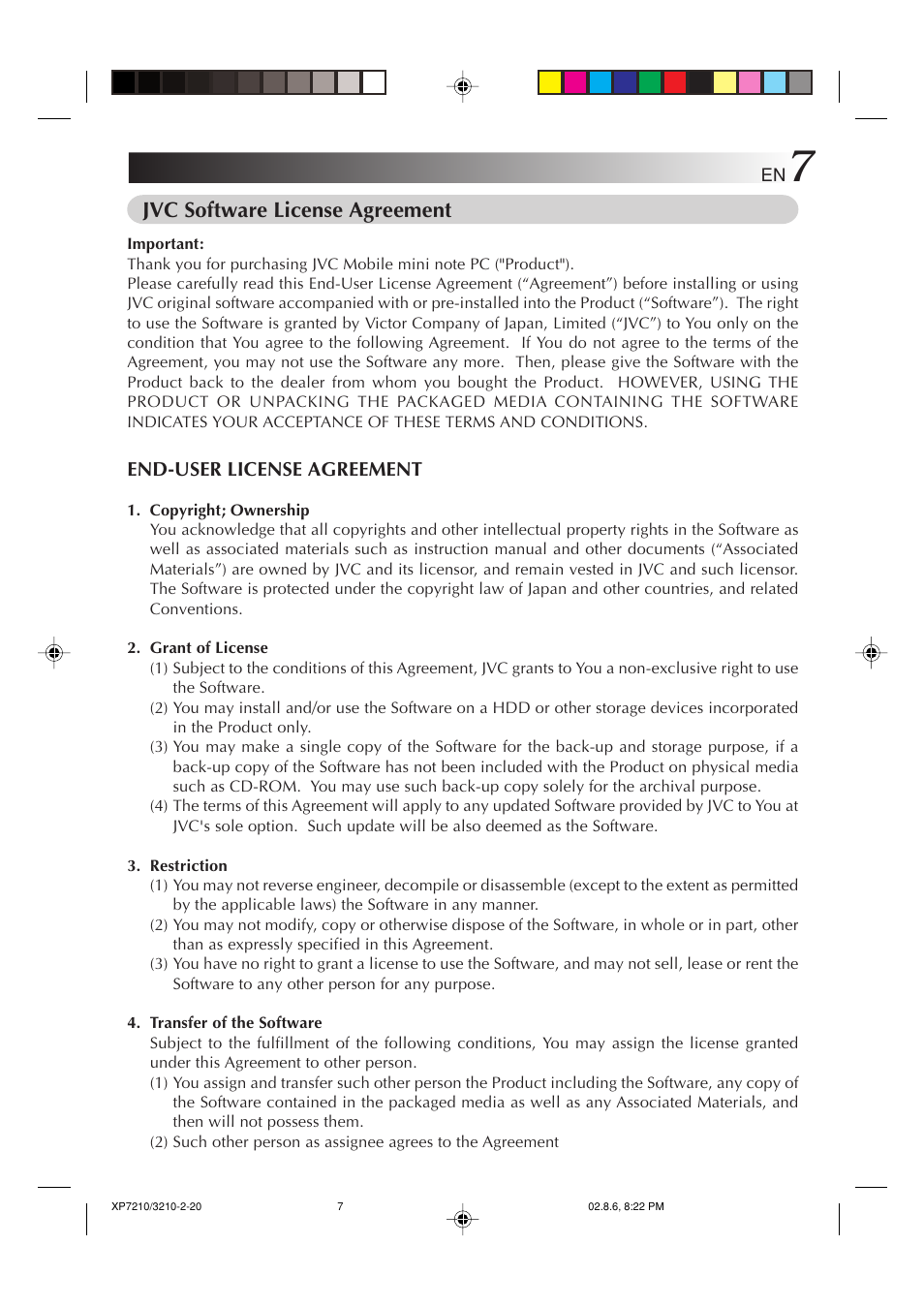 Jvc software license agreement | JVC MP-XP7210GB User Manual | Page 7 / 90