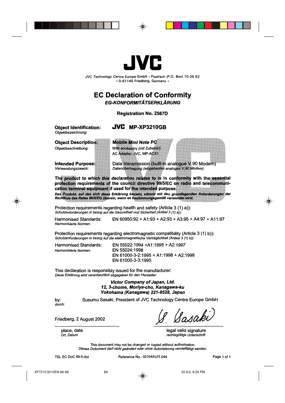 Ec declaretion of conformity(for mp-xp3210bg) | JVC MP-XP7210GB User Manual | Page 89 / 90