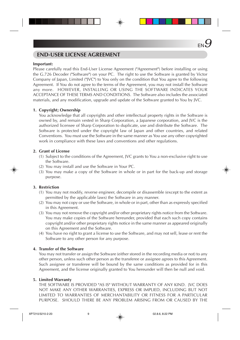End-user license agreement | JVC MP-XP7210GB User Manual | Page 9 / 90