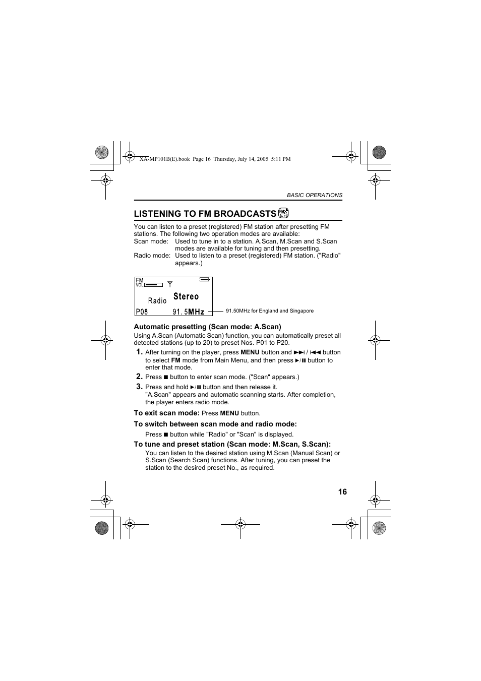 Listening to fm broadcasts | JVC XA-MP101B/W User Manual | Page 17 / 40