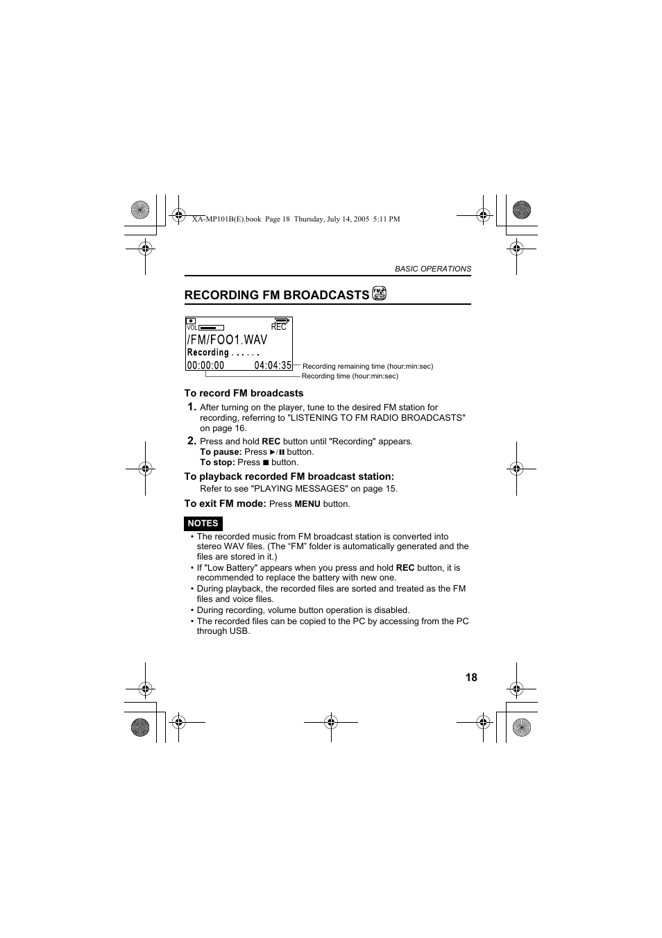 Recording fm broadcasts | JVC XA-MP101B/W User Manual | Page 19 / 40