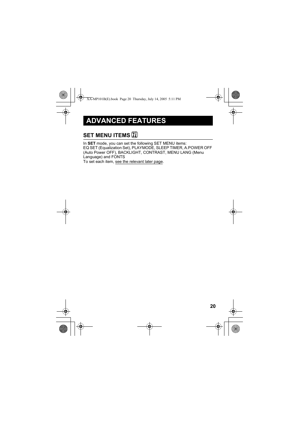 Advanced features, Set menu items | JVC XA-MP101B/W User Manual | Page 21 / 40