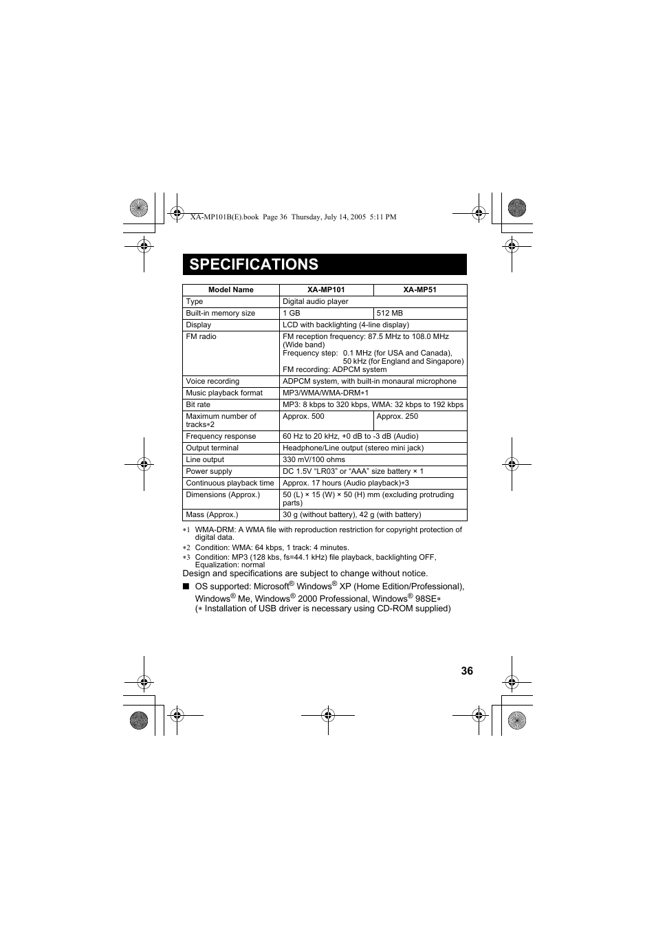 Specifications | JVC XA-MP101B/W User Manual | Page 37 / 40