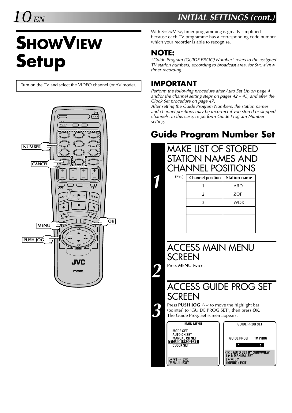 Setup, Access main menu screen, Access guide prog set screen | Initial settings (cont.), Guide program number set, Important | JVC HR-DD848E User Manual | Page 10 / 56