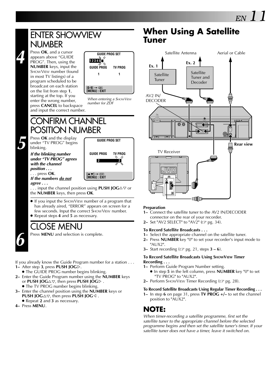 Enter showview number, Confirm channel position number, Close menu | When using a satellite tuner | JVC HR-DD848E User Manual | Page 11 / 56