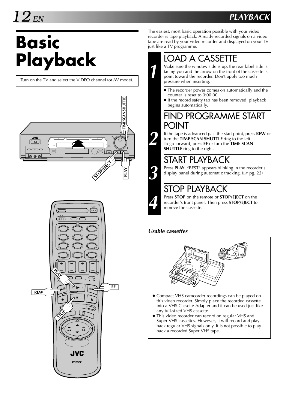 Basic playback, Load a cassette, Find programme start point | Start playback, Stop playback, Playback | JVC HR-DD848E User Manual | Page 12 / 56