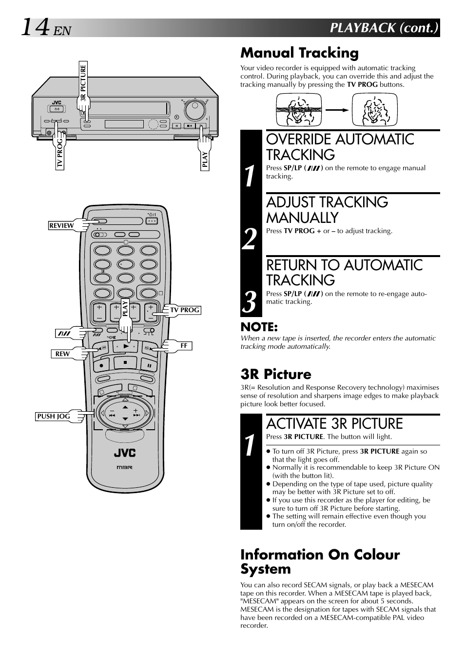 Override automatic tracking, Adjust tracking manually, Return to automatic tracking | Activate 3r picture, Playback (cont.), Manual tracking, 3r picture, Information on colour system | JVC HR-DD848E User Manual | Page 14 / 56