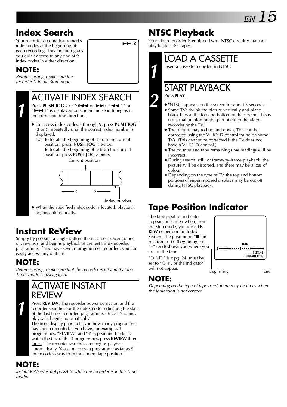 Load a cassette, Start playback, Activate index search | Activate instant review, Ntsc playback, Index search, Tape position indicator, Instant review | JVC HR-DD848E User Manual | Page 15 / 56