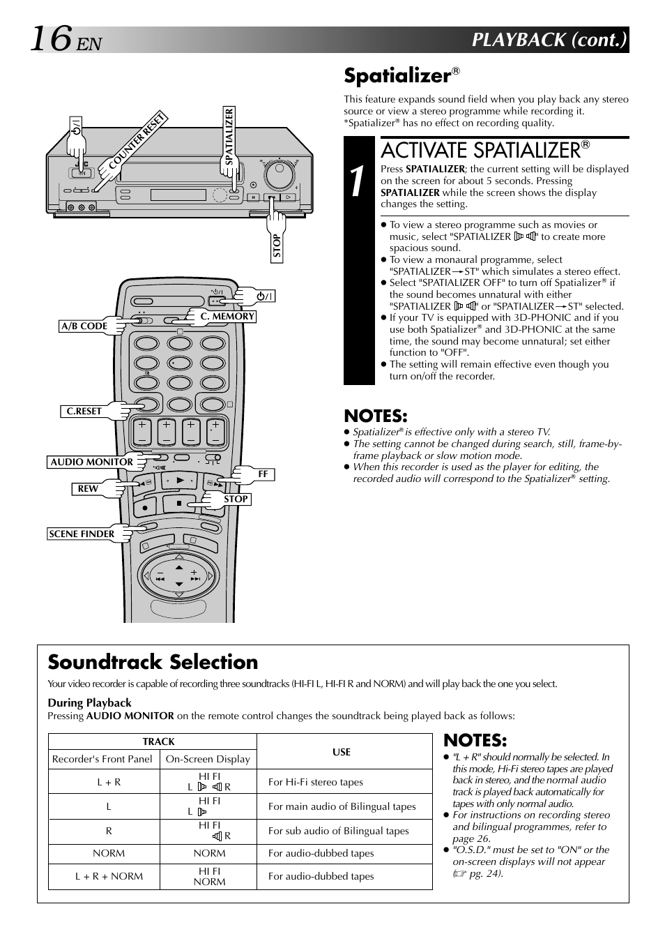 Activate spatializer, Playback (cont.), Spatializer | Soundtrack selection | JVC HR-DD848E User Manual | Page 16 / 56
