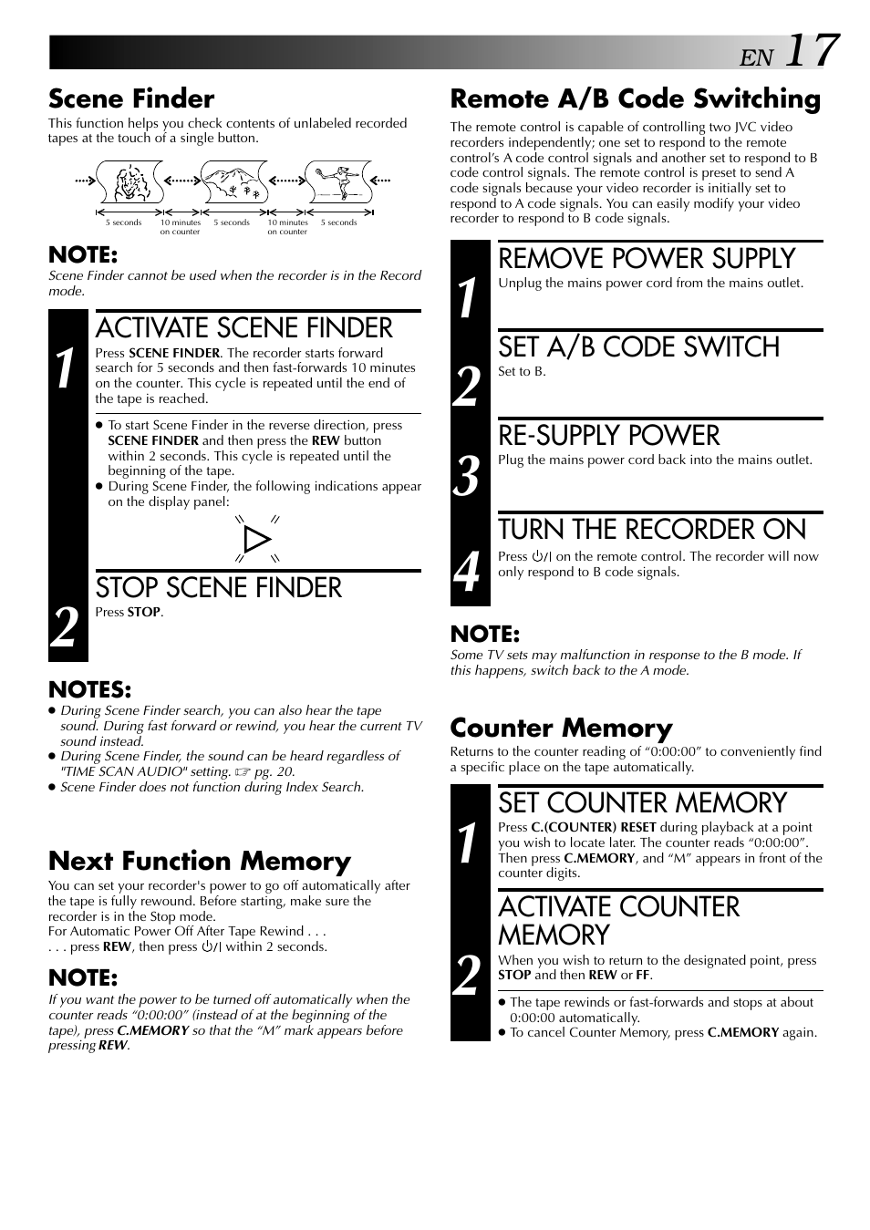 Activate scene finder, Stop scene finder, Remove power supply | Set a/b code switch, Re-supply power, Turn the recorder on, Scene finder, Remote a/b code switching | JVC HR-DD848E User Manual | Page 17 / 56