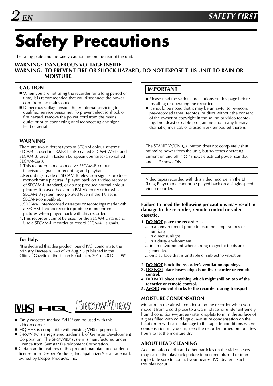 Safety precautions, Safety first | JVC HR-DD848E User Manual | Page 2 / 56