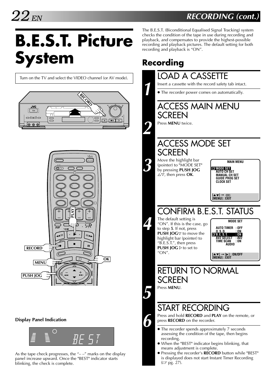 B.e.s.t. picture system, Load a cassette, Access main menu screen | Access mode set screen, Confirm b.e.s.t. status, Return to normal screen, Start recording, Recording (cont.), Recording | JVC HR-DD848E User Manual | Page 22 / 56