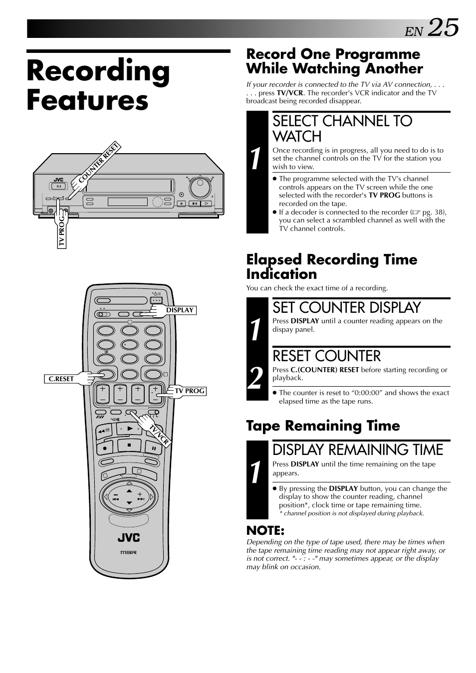 Recording features, Select channel to watch, Set counter display | Reset counter, Display remaining time, Record one programme while watching another, Elapsed recording time indication, Tape remaining time | JVC HR-DD848E User Manual | Page 25 / 56