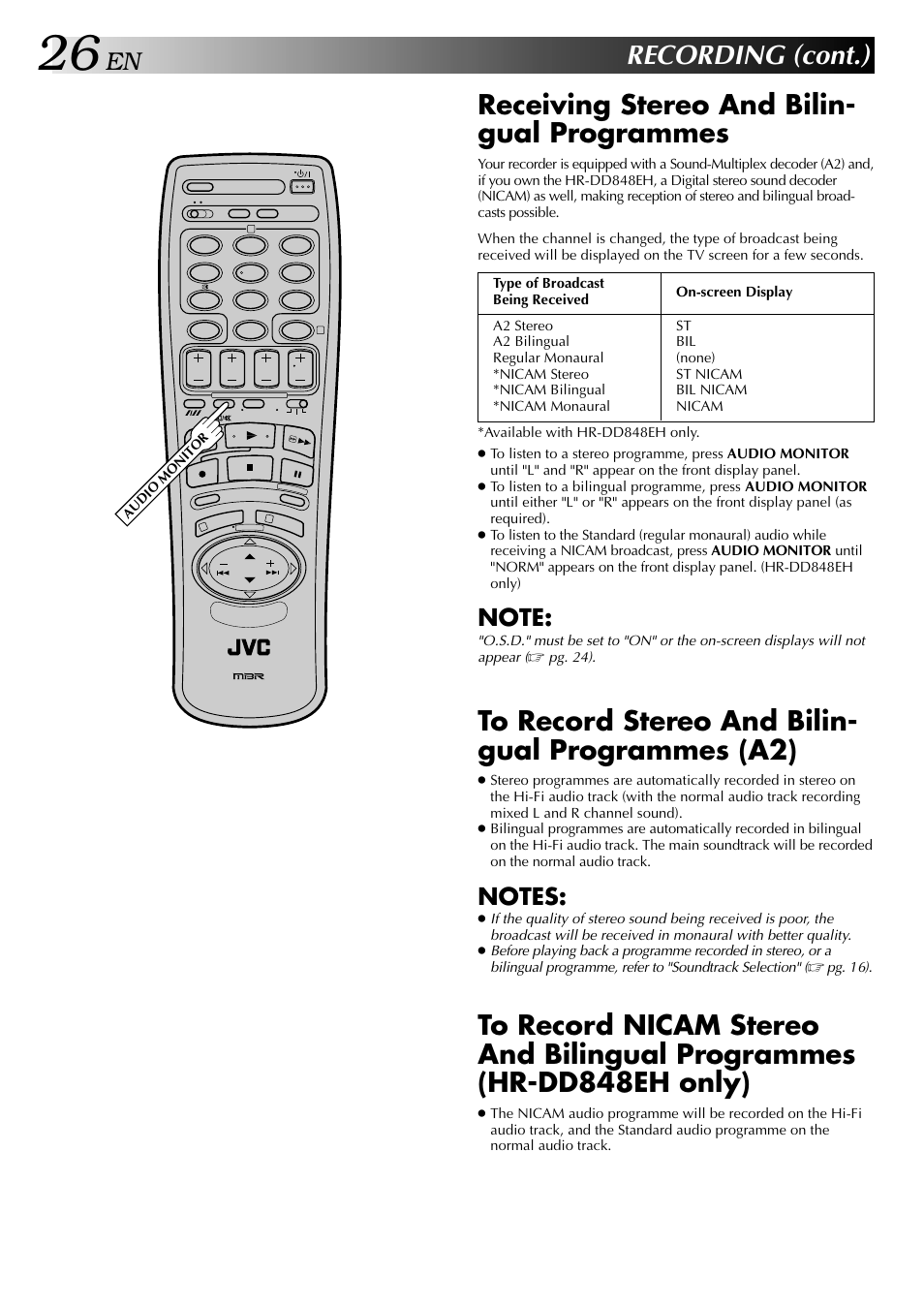 Recording (cont.), Receiving stereo and bilin- gual programmes | JVC HR-DD848E User Manual | Page 26 / 56