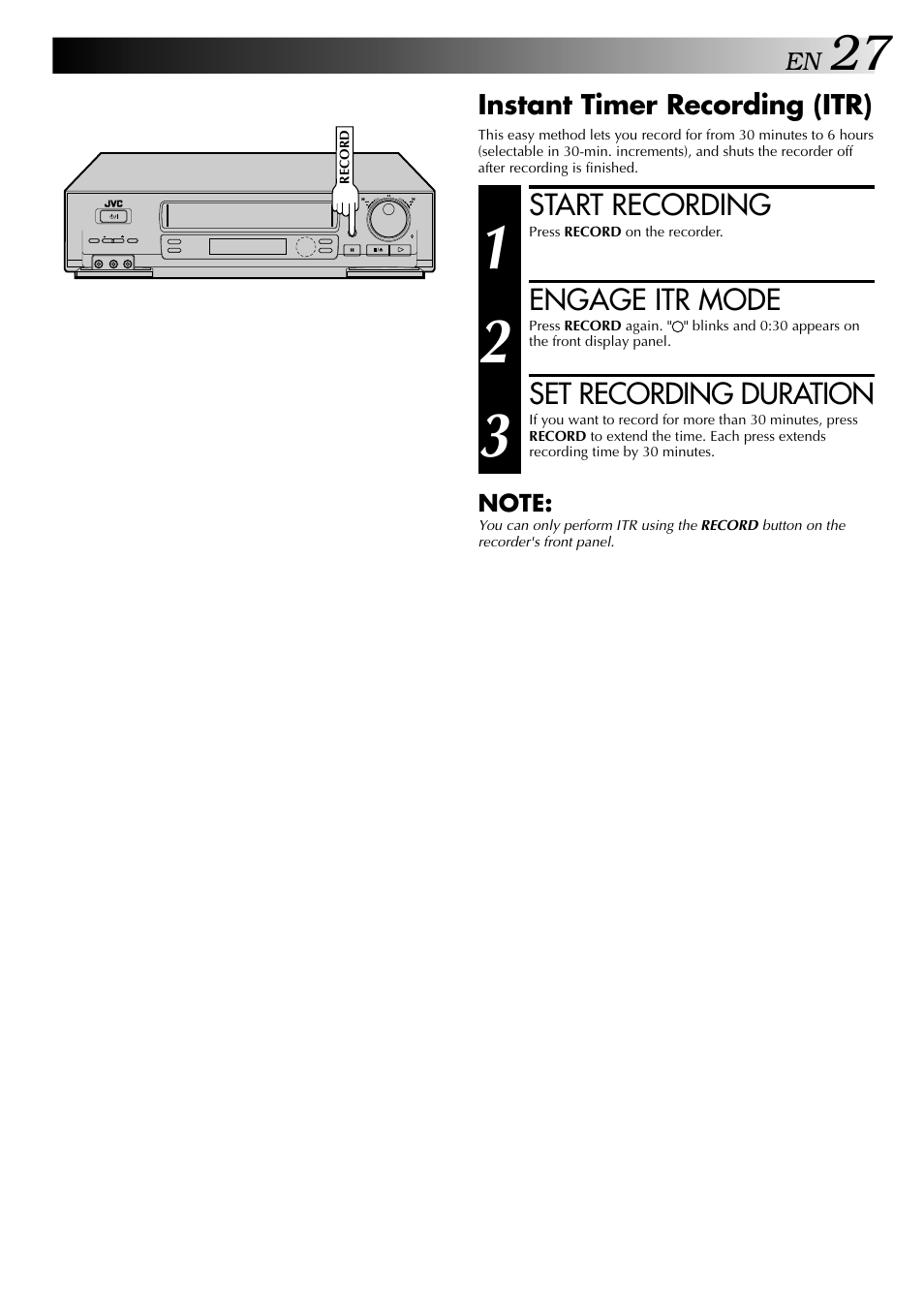 Start recording, Engage itr mode, Set recording duration | JVC HR-DD848E User Manual | Page 27 / 56