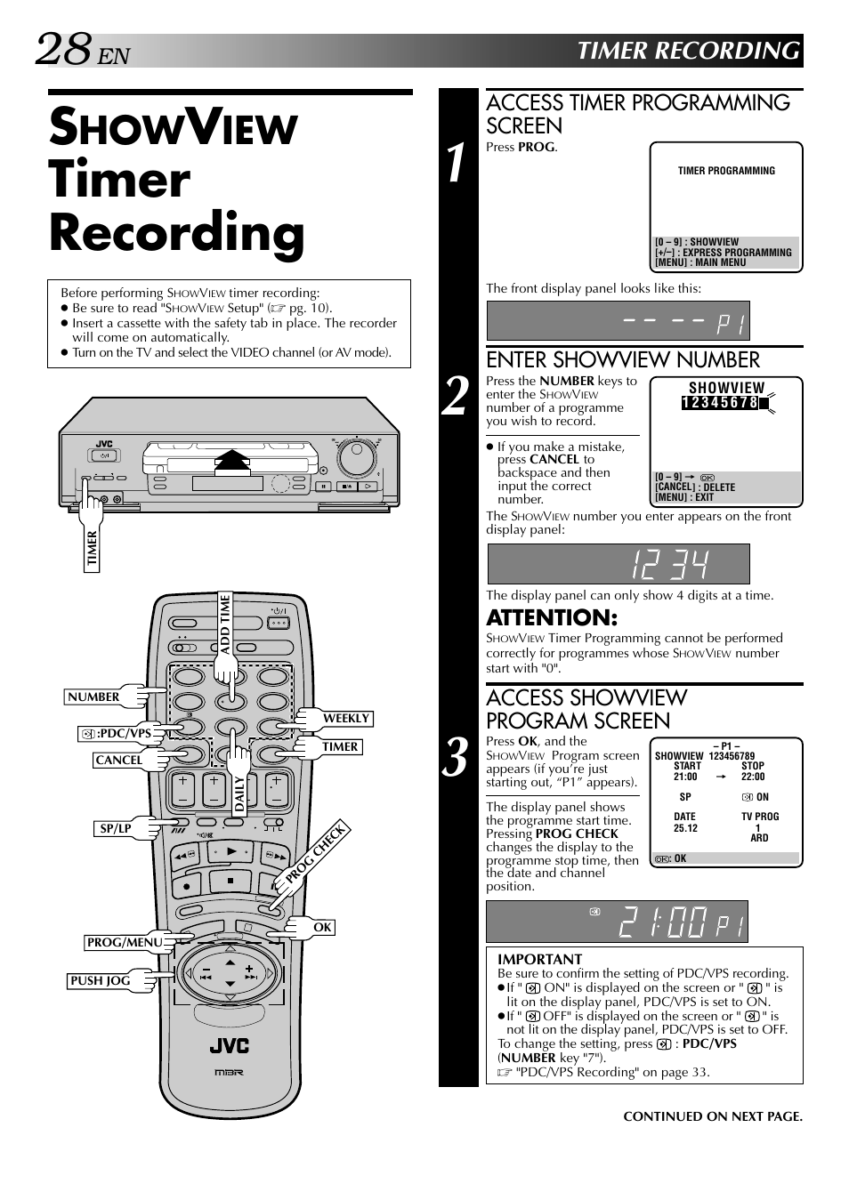 Timer recording, Access timer programming screen, Enter showview number | Attention, Access showview program screen | JVC HR-DD848E User Manual | Page 28 / 56