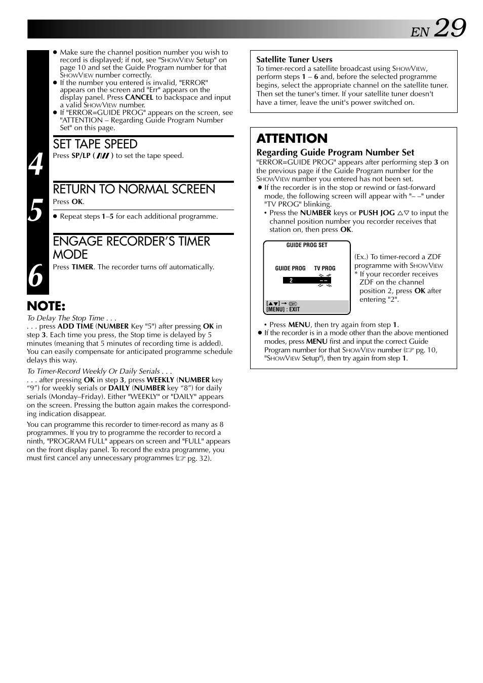 Set tape speed, Return to normal screen, Engage recorder’s timer mode | Attention | JVC HR-DD848E User Manual | Page 29 / 56