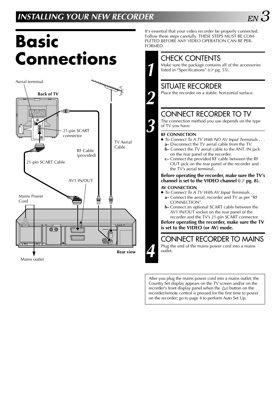 Basic connections, Installing your new recorder | JVC HR-DD848E User Manual | Page 3 / 56