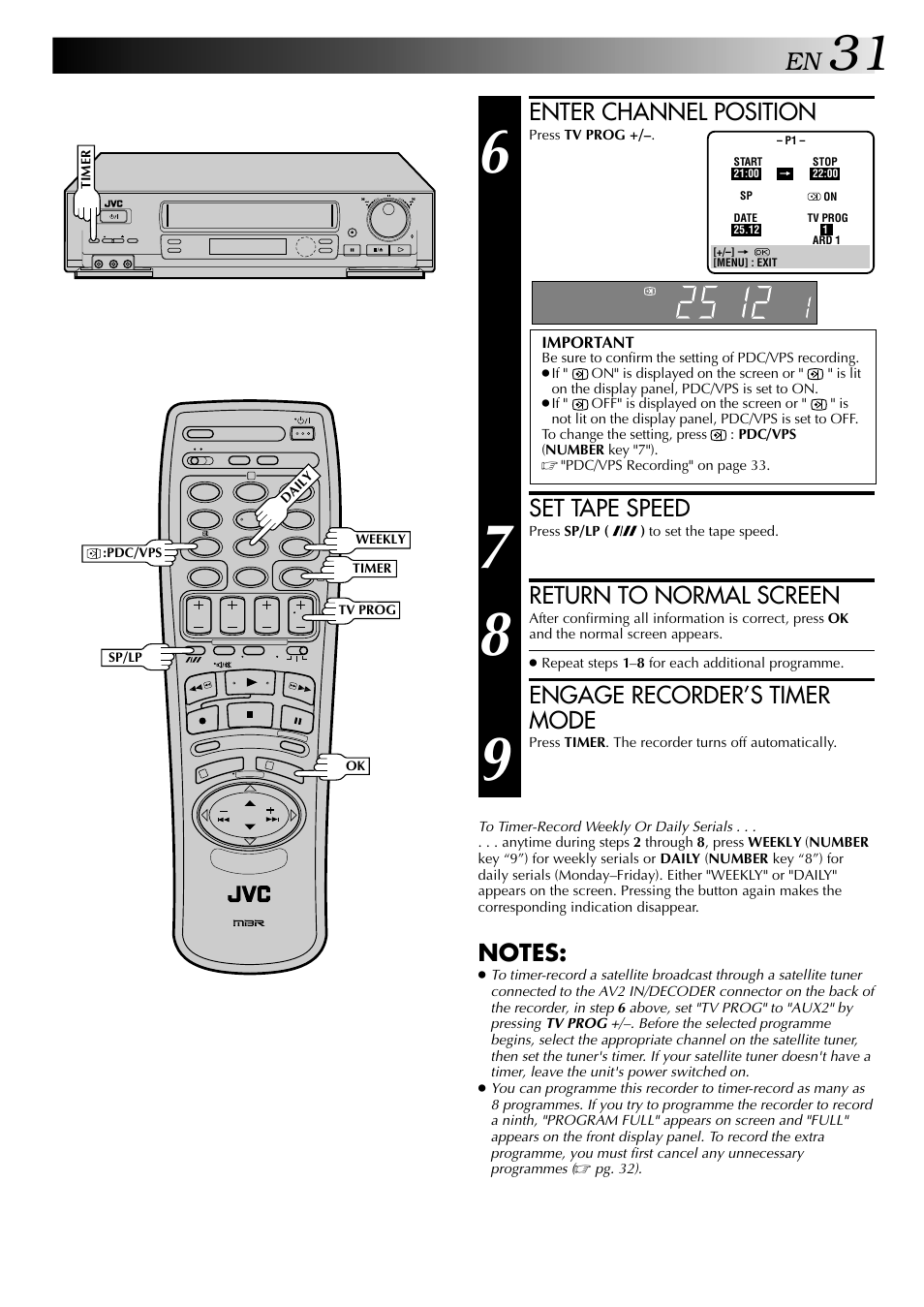 Enter channel position, Set tape speed, Return to normal screen | Engage recorder’s timer mode | JVC HR-DD848E User Manual | Page 31 / 56