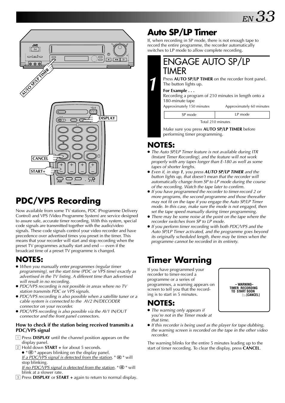 Engage auto sp/lp timer, Auto sp/lp timer, Timer warning | Pdc/vps recording | JVC HR-DD848E User Manual | Page 33 / 56