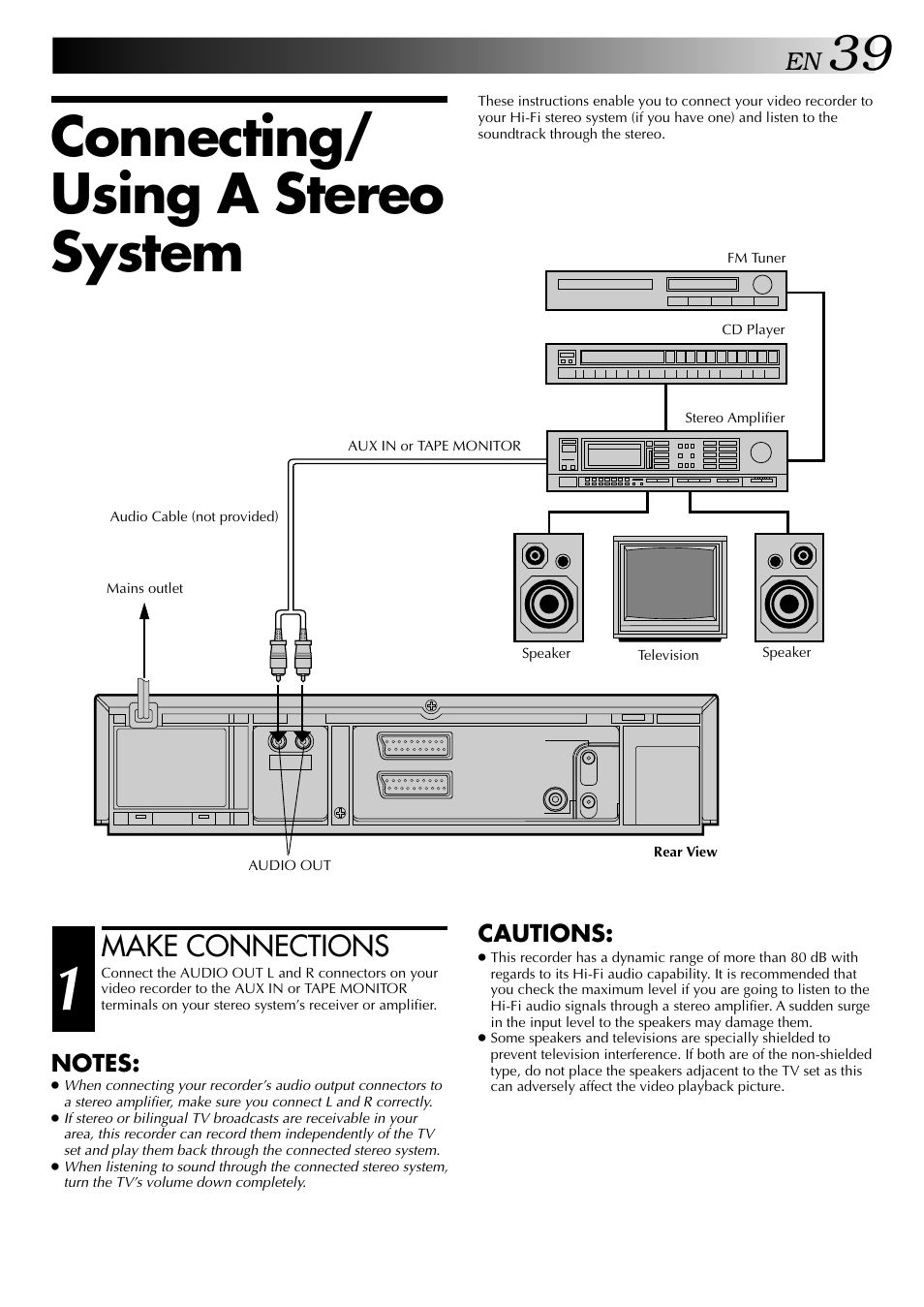 Connecting/ using a stereo system, Make connections, Cautions | JVC HR-DD848E User Manual | Page 39 / 56