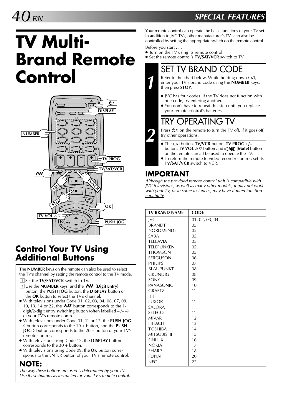 Tv multi- brand remote control, Set tv brand code, Try operating tv | Special features, Control your tv using additional buttons, Important | JVC HR-DD848E User Manual | Page 40 / 56