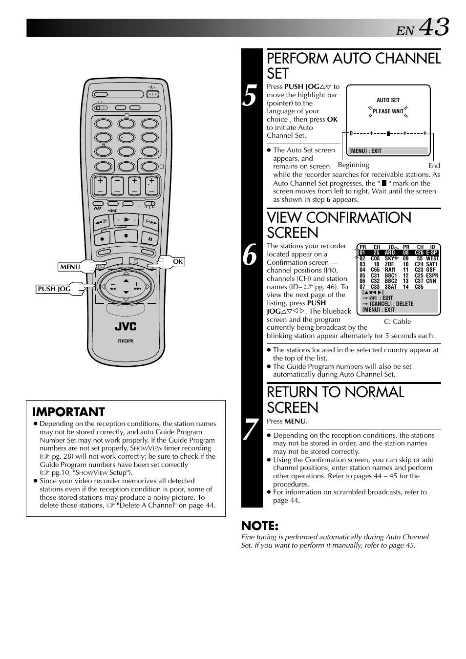 Perform auto channel set, View confirmation screen, Return to normal screen | Important | JVC HR-DD848E User Manual | Page 43 / 56