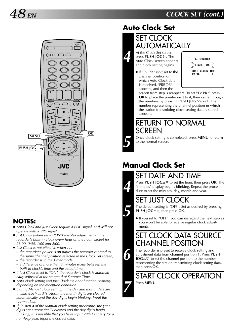 Set clock automatically, Return to normal screen, Set date and time | Set just clock, Set clock data source channel position, Start clock operation, Clock set (cont.), Auto clock set, Manual clock set | JVC HR-DD848E User Manual | Page 48 / 56
