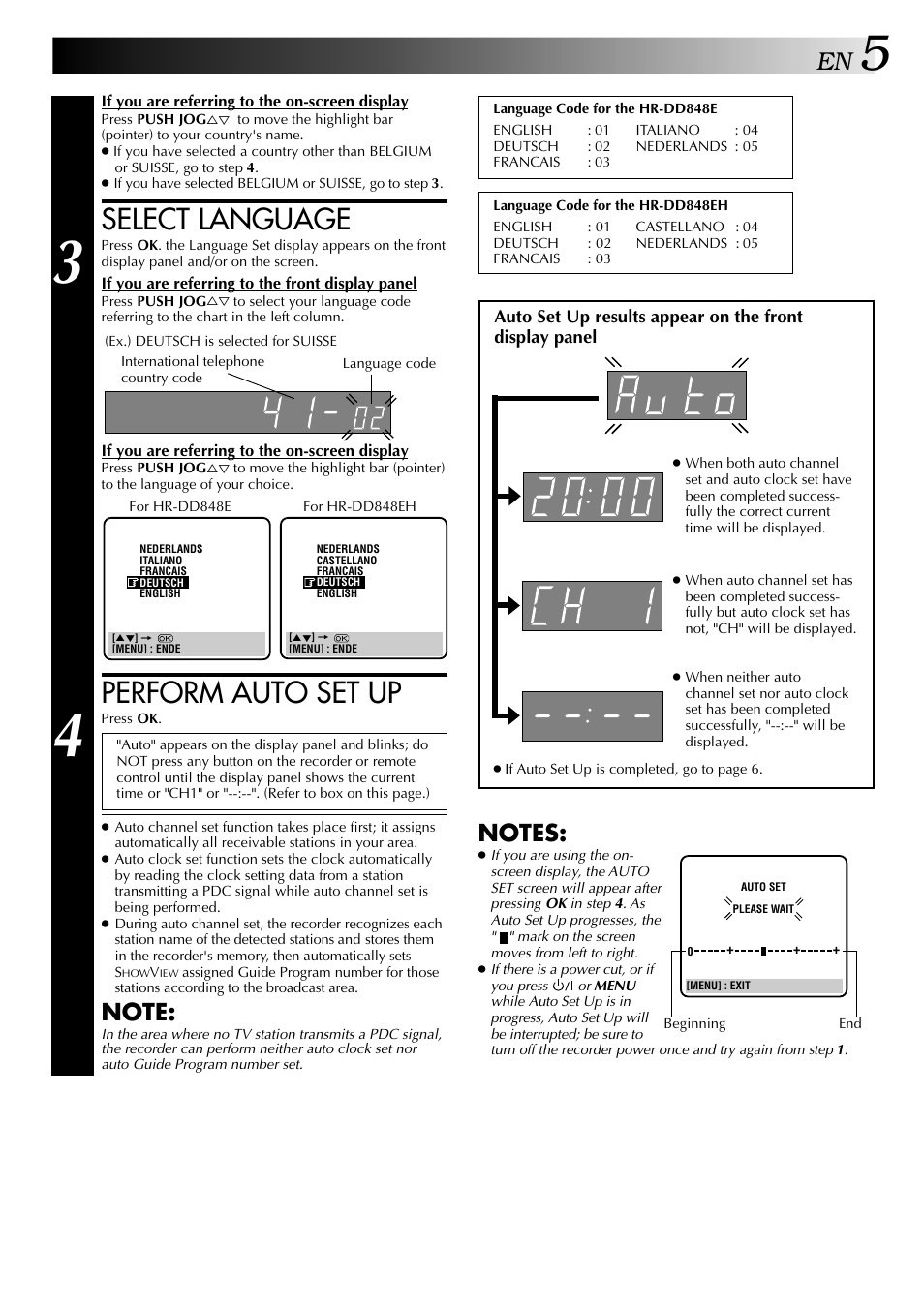 Select language, Perform auto set up | JVC HR-DD848E User Manual | Page 5 / 56