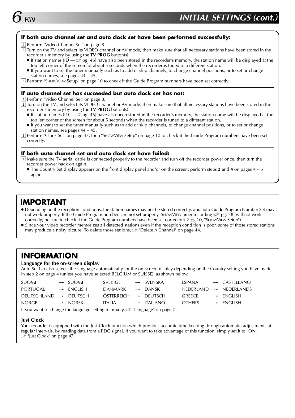 Initial settings (cont.), Important, Information | JVC HR-DD848E User Manual | Page 6 / 56