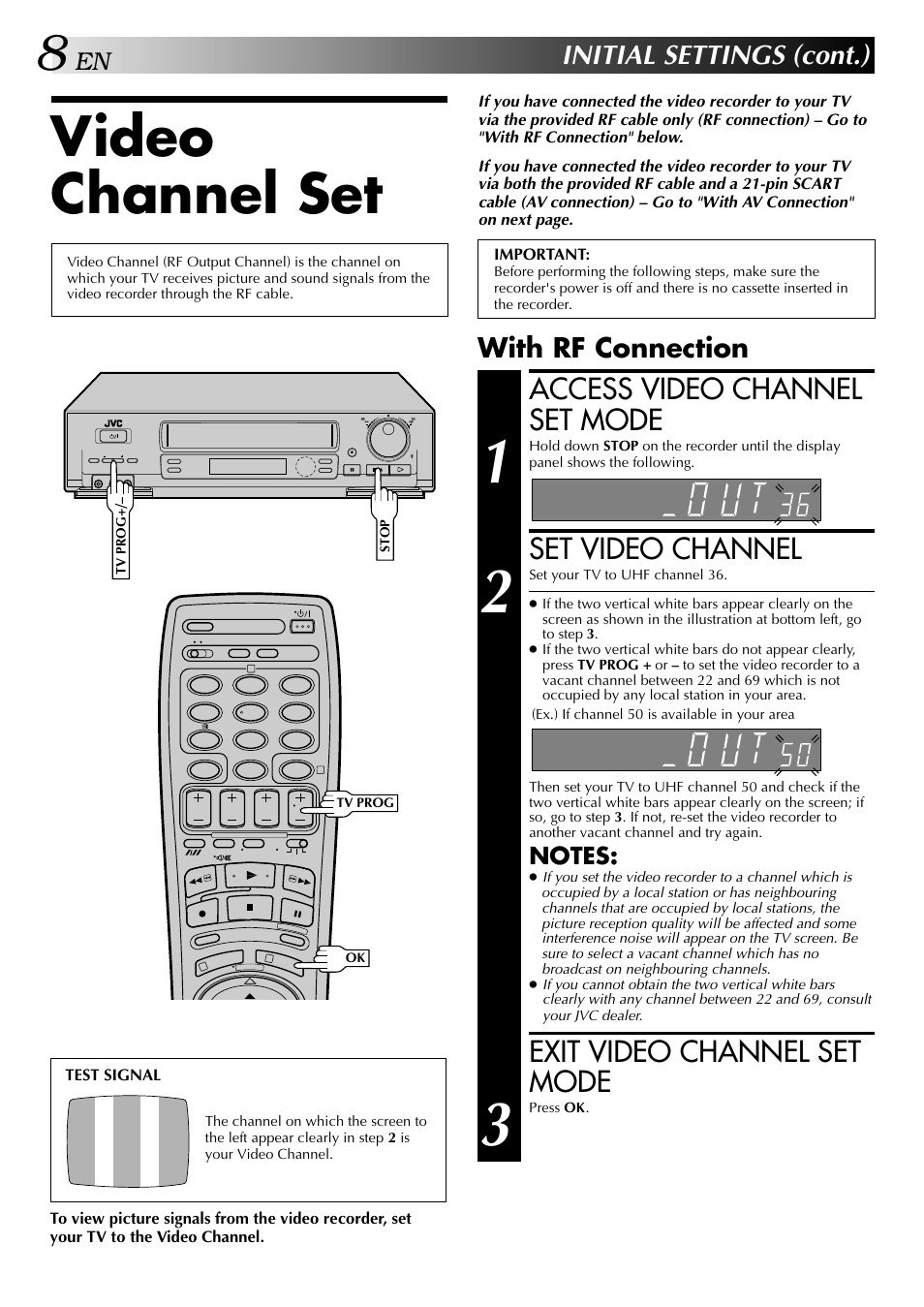 Video channel set, Access video channel set mode, Set video channel | Exit video channel set mode, Initial settings (cont.), With rf connection | JVC HR-DD848E User Manual | Page 8 / 56