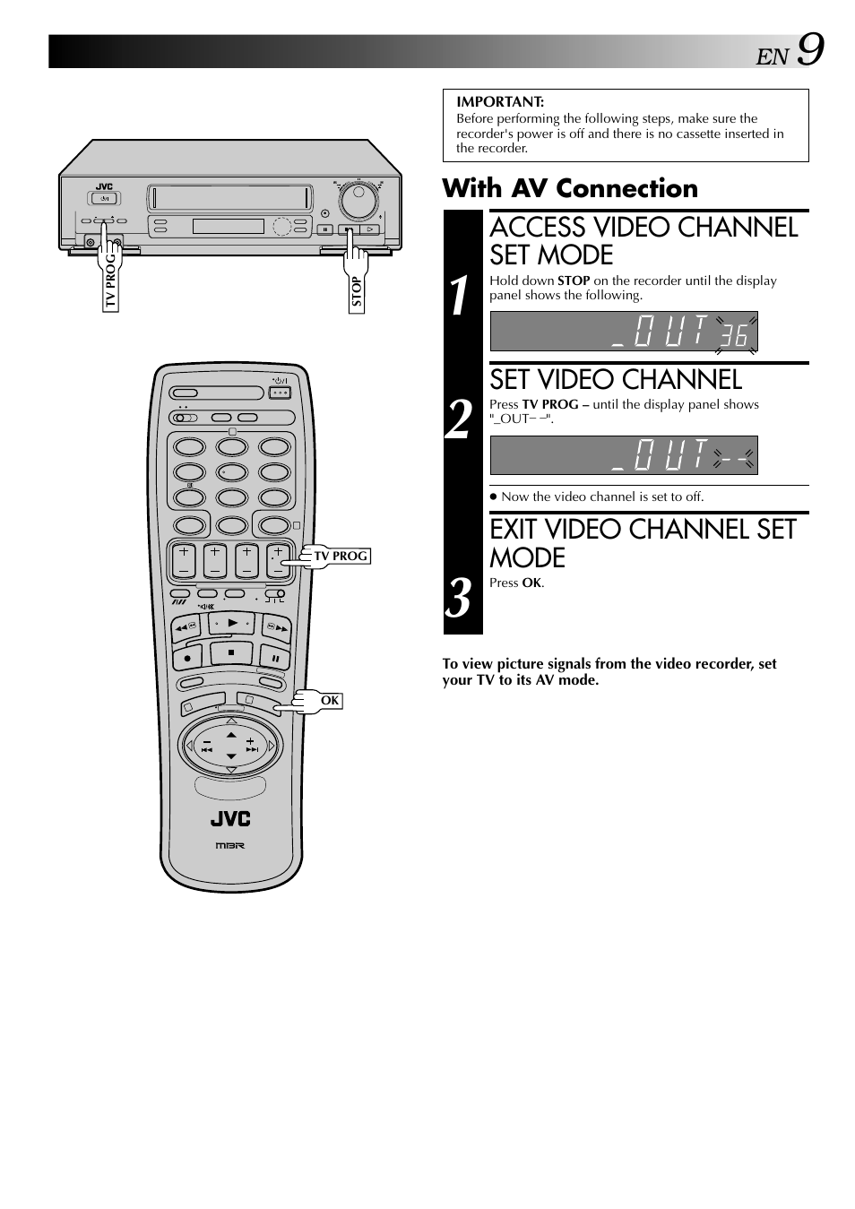 Access video channel set mode, Set video channel, Exit video channel set mode | With av connection | JVC HR-DD848E User Manual | Page 9 / 56