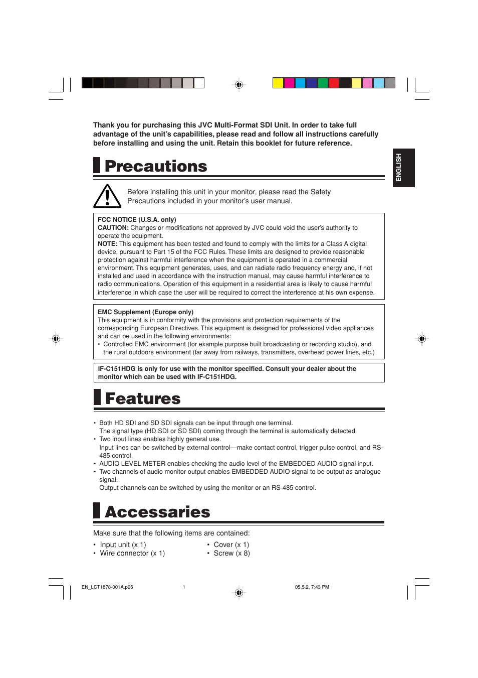 Precautions, Features, Accessaries | JVC Multi-Format SDI Unit IF-C151HDG User Manual | Page 2 / 8