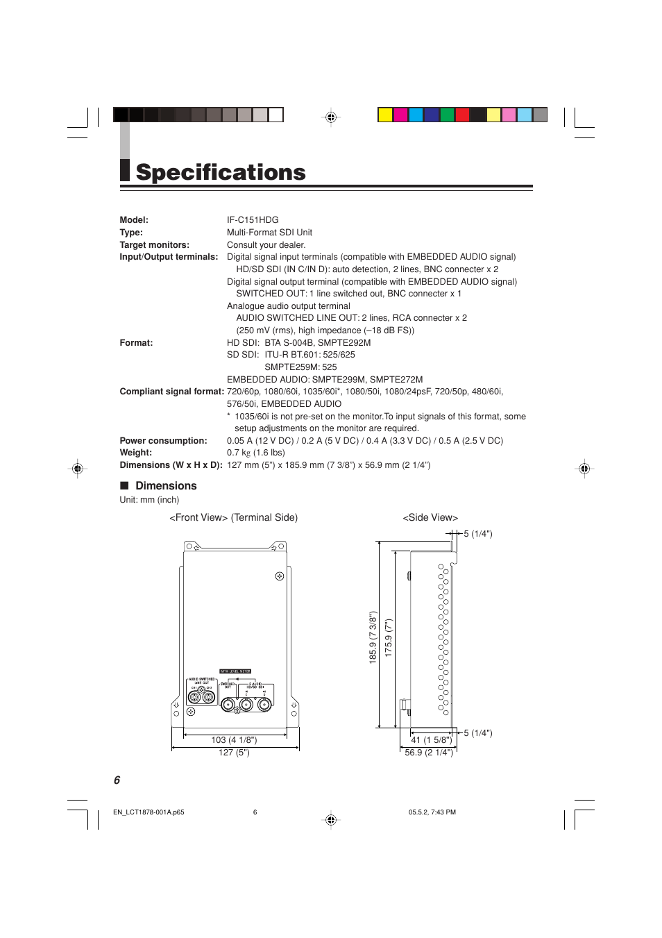 Specifications | JVC Multi-Format SDI Unit IF-C151HDG User Manual | Page 7 / 8
