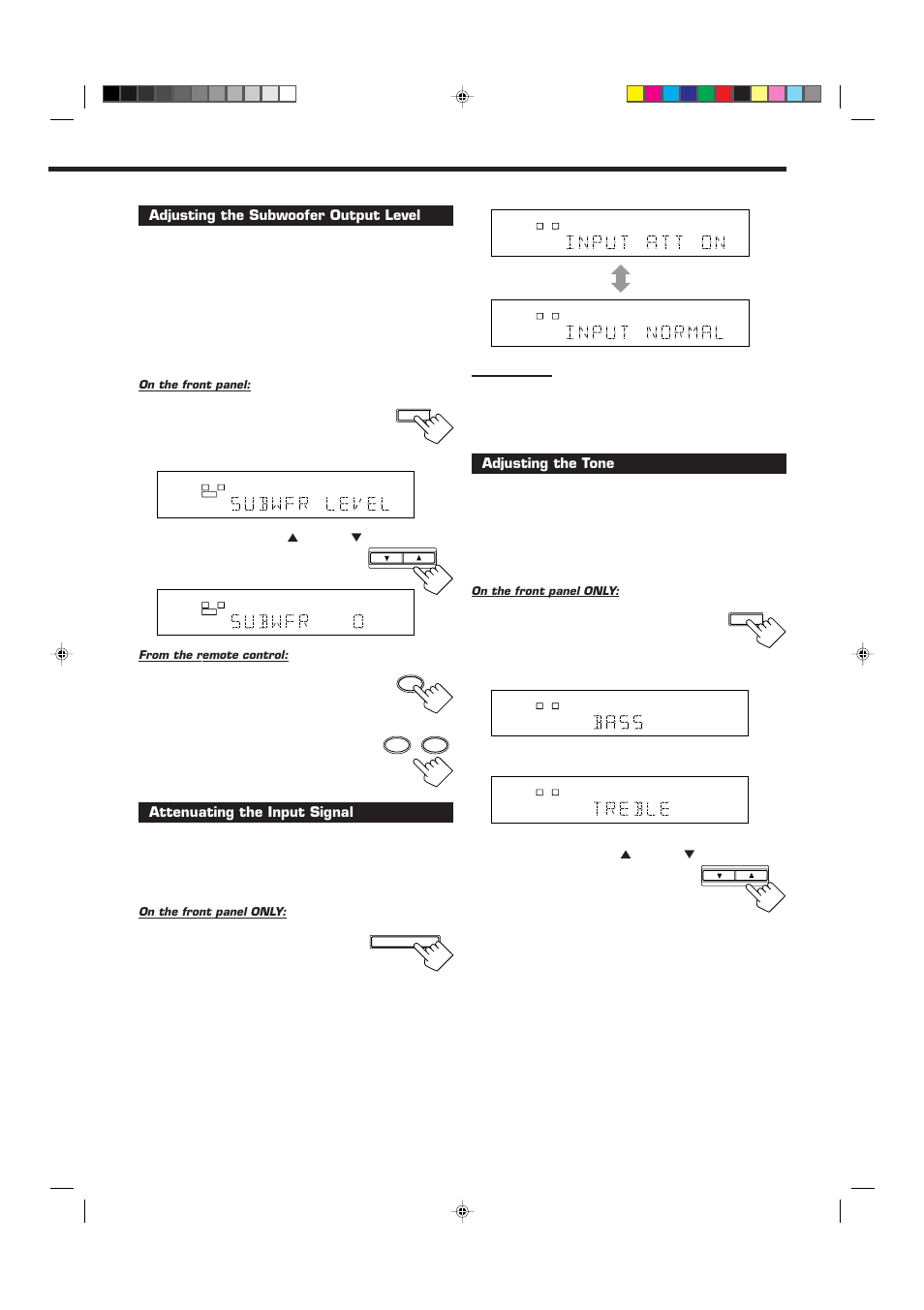 Adjusting the subwoofer output level, Press sound, Adjusting the tone | JVC RX-6010RBK  EN User Manual | Page 13 / 36