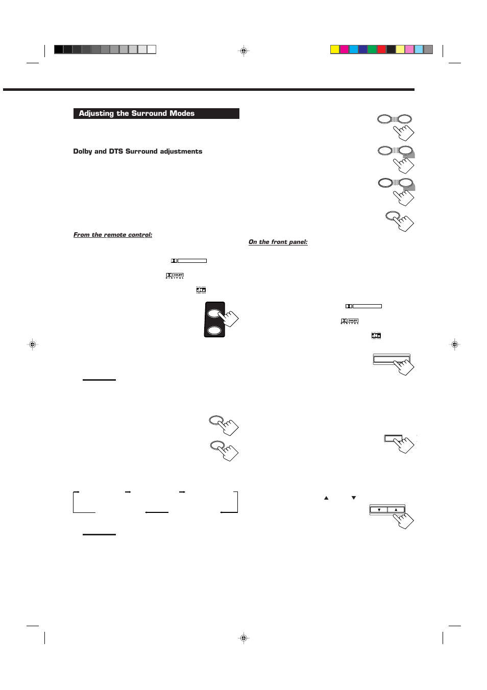 Adjust the speaker output levels, Press test again to stop the test tone, Select and play a sound source | Adjusting the surround modes, Press sound, Press test to check the speaker output balance | JVC RX-6010RBK  EN User Manual | Page 27 / 36