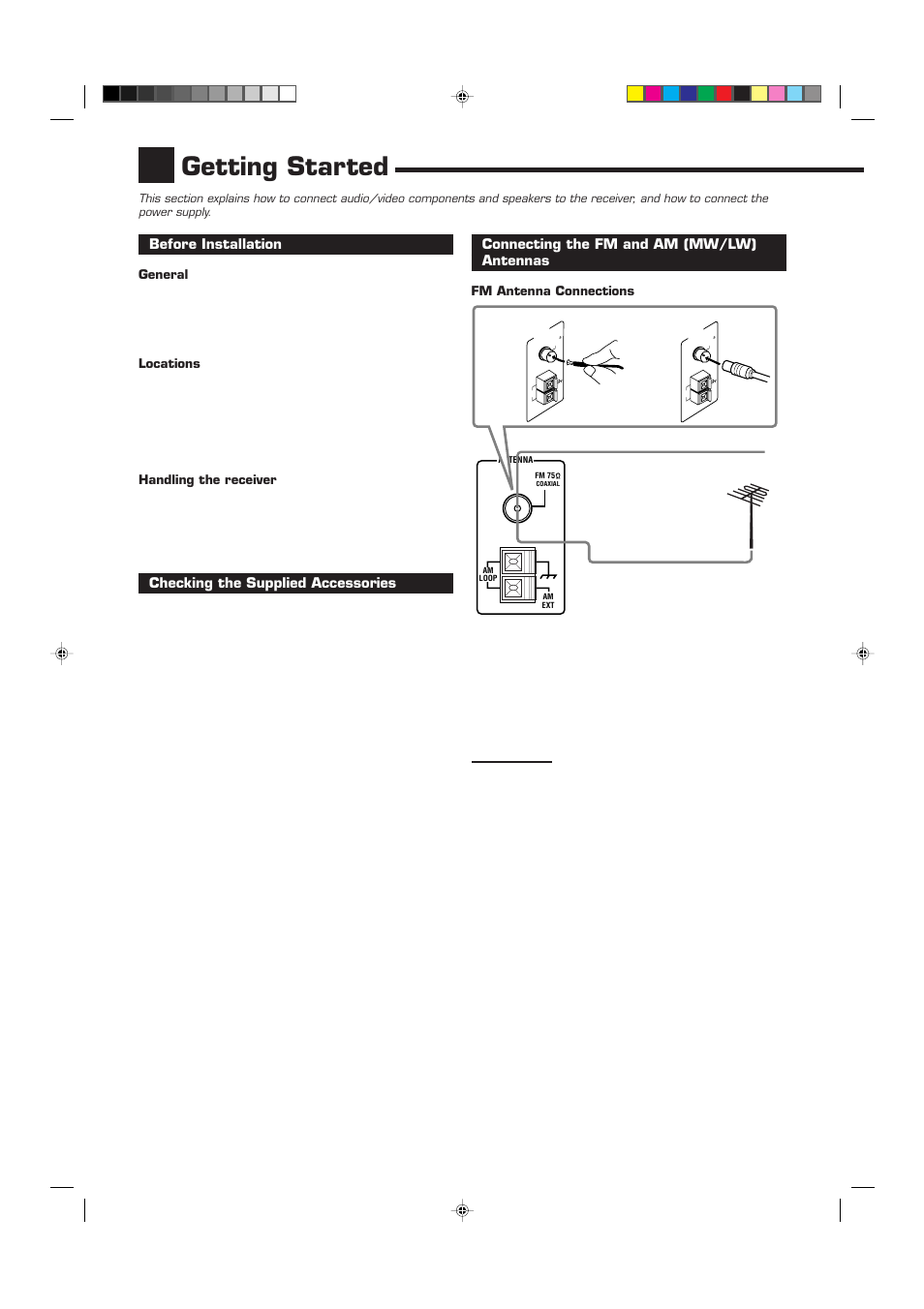 Getting started, Before installation, Checking the supplied accessories | Connecting the fm and am (mw/lw) antennas | JVC RX-6010RBK  EN User Manual | Page 6 / 36