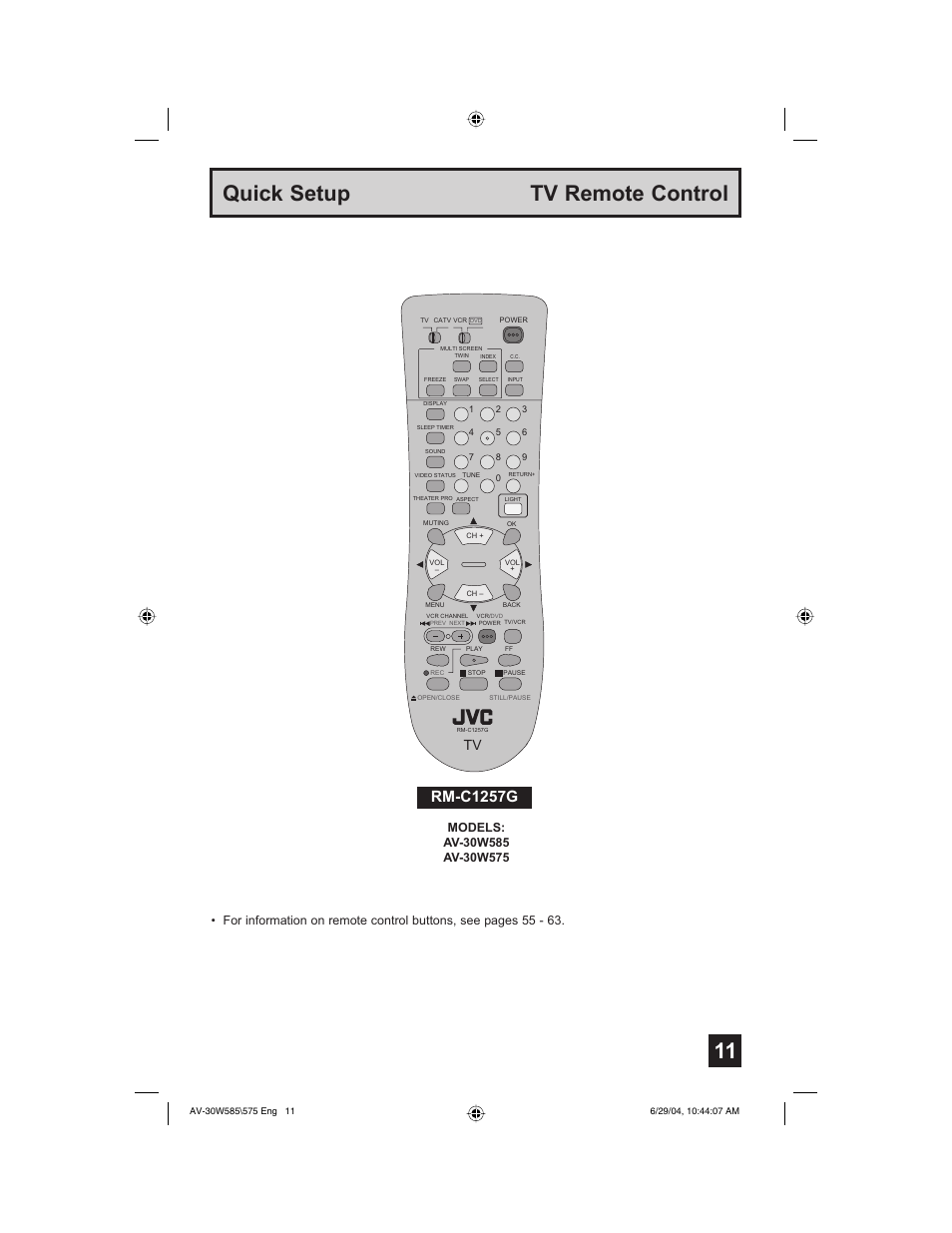 Quick setup tv remote control, Rm-c1257g | JVC AV 30W575 User Manual | Page 11 / 72