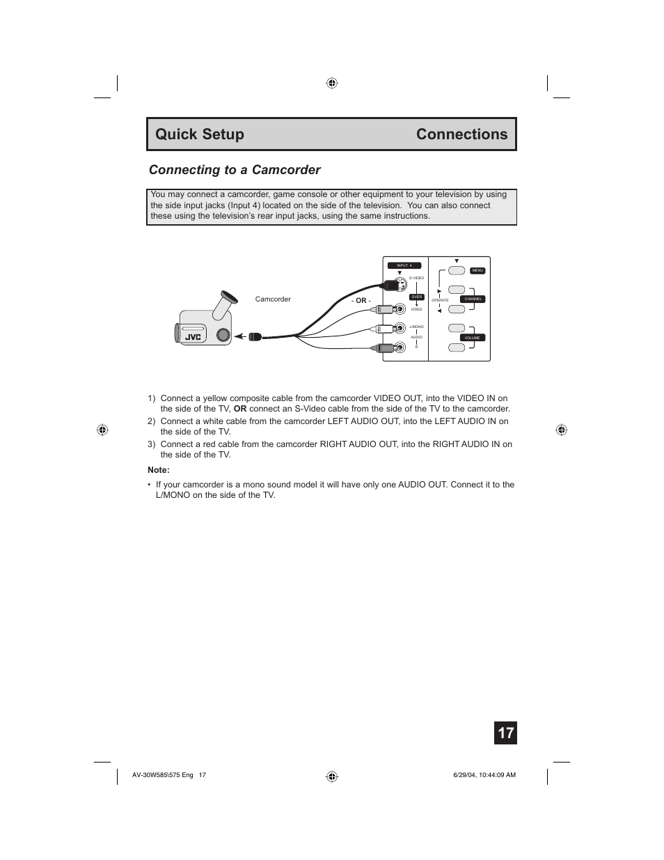 17 quick setup connections, Connecting to a camcorder | JVC AV 30W575 User Manual | Page 17 / 72