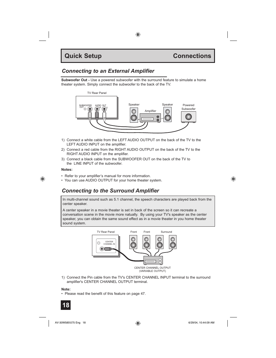 18 quick setup connections, Connecting to an external amplifier, Connecting to the surround amplifier | JVC AV 30W575 User Manual | Page 18 / 72