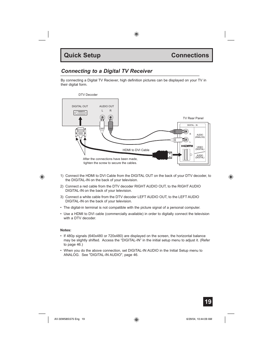 19 quick setup connections, Connecting to a digital tv receiver | JVC AV 30W575 User Manual | Page 19 / 72