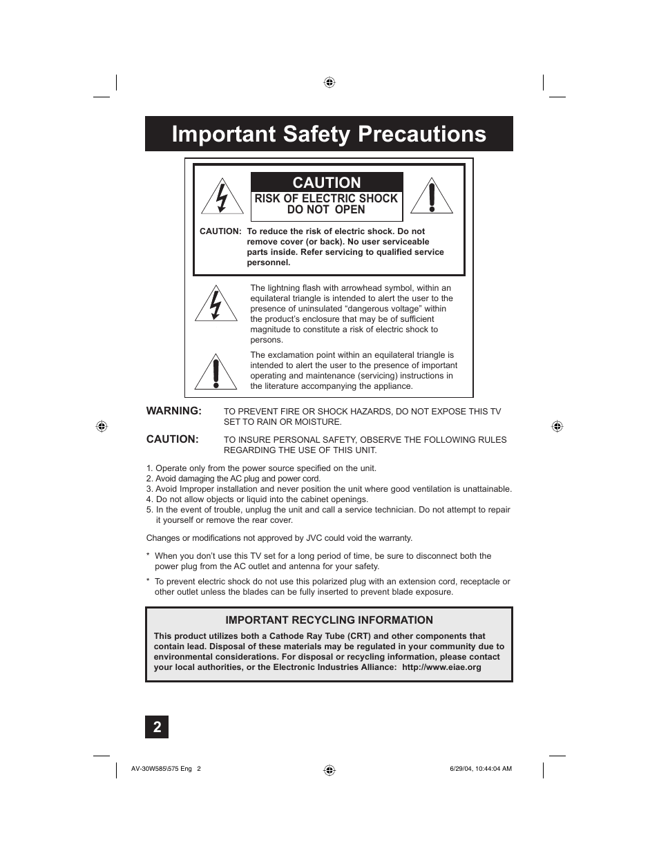 Important safety precautions, Caution | JVC AV 30W575 User Manual | Page 2 / 72