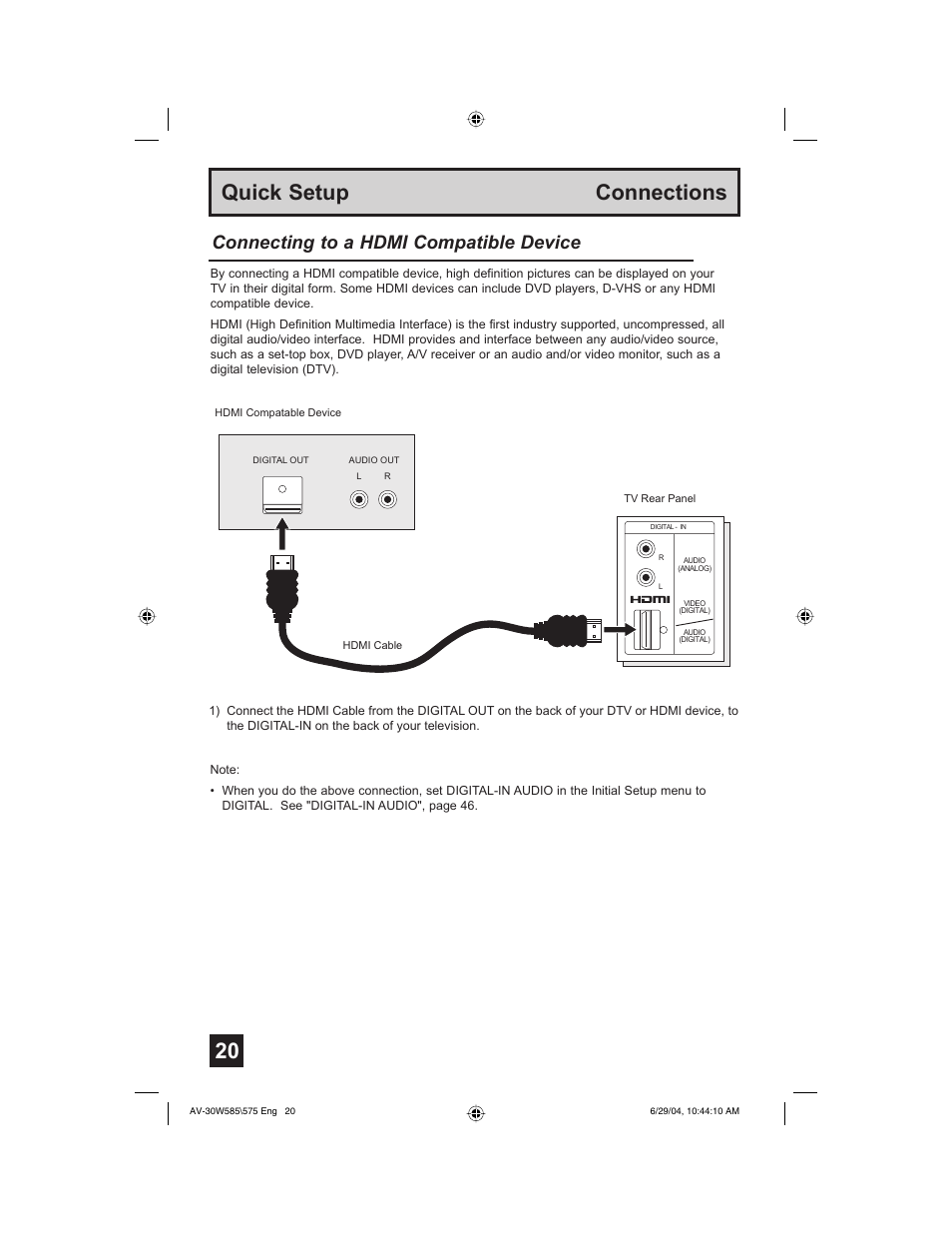 Quick setup connections, Connecting to a hdmi compatible device | JVC AV 30W575 User Manual | Page 20 / 72