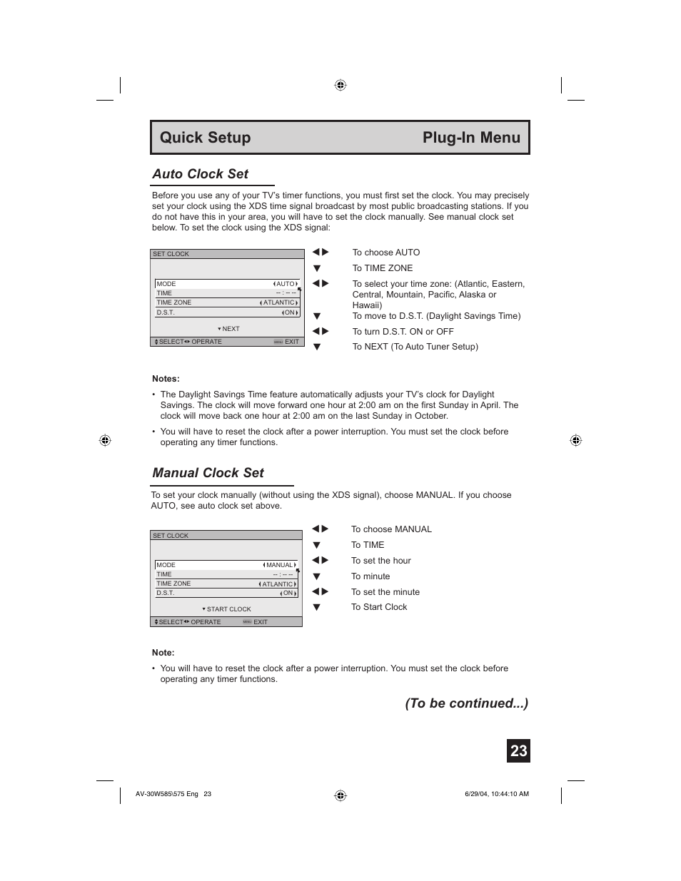 Quick setup plug-in menu, Manual clock set, Auto clock set (to be continued...) | JVC AV 30W575 User Manual | Page 23 / 72