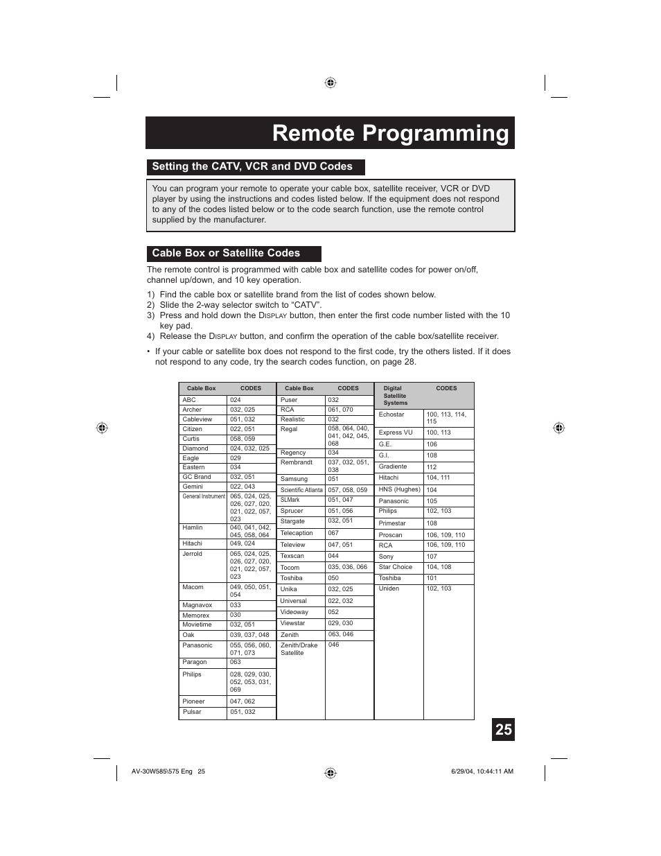 Remote programming | JVC AV 30W575 User Manual | Page 25 / 72