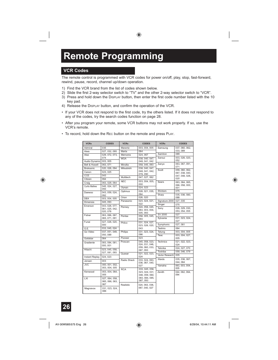 Remote programming, Vcr codes | JVC AV 30W575 User Manual | Page 26 / 72